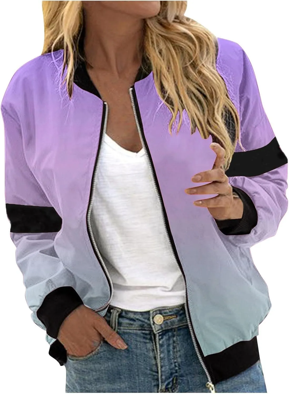 Womens Winter Coats 2024 Fashion Gradient Zipper Jackets Long Sleeve Casual Tops with Pockets Outerwear