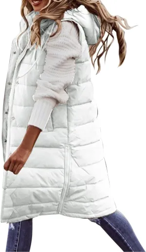 Womens Winter Sleeveless Coat Oversized Qulited Heavtweight Warm Dowm Jacket Vest Outdoor Zip Up Long Fleece Jackets