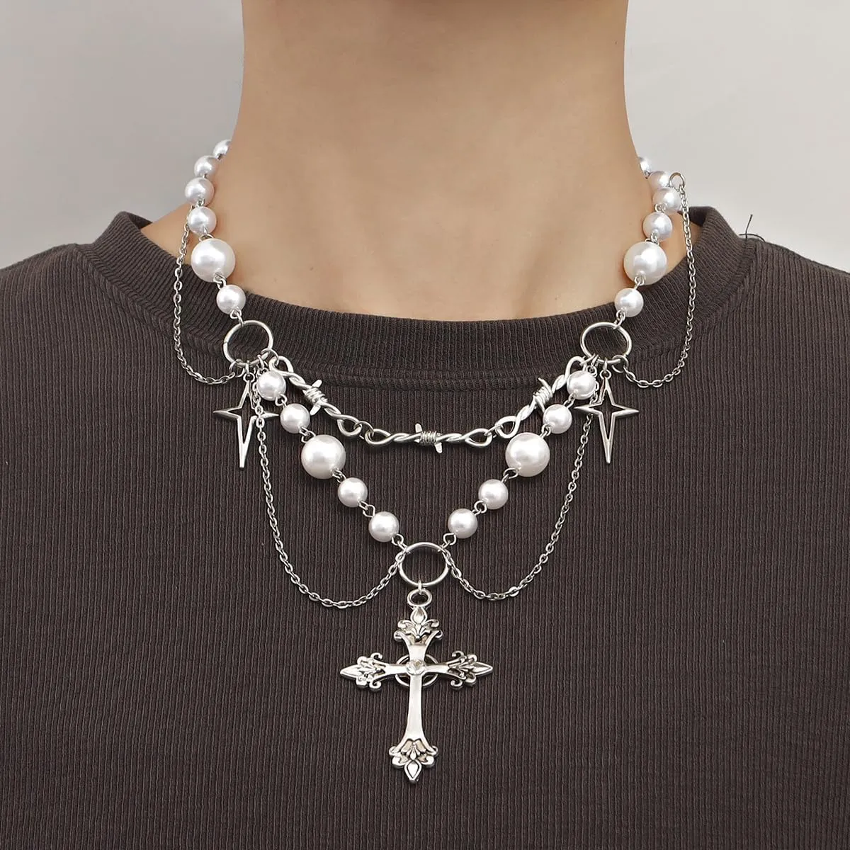 Y2K Layered Pearl Choker Necklaces for Women Crystal Beaded Strawberry Pendant Necklace Vintage Bow Heart Cross Choker Butterfly Tassel Chain Graceful Jewelry Gifts