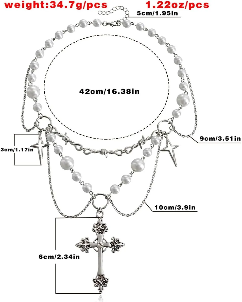 Y2K Layered Pearl Choker Necklaces for Women Crystal Beaded Strawberry Pendant Necklace Vintage Bow Heart Cross Choker Butterfly Tassel Chain Graceful Jewelry Gifts