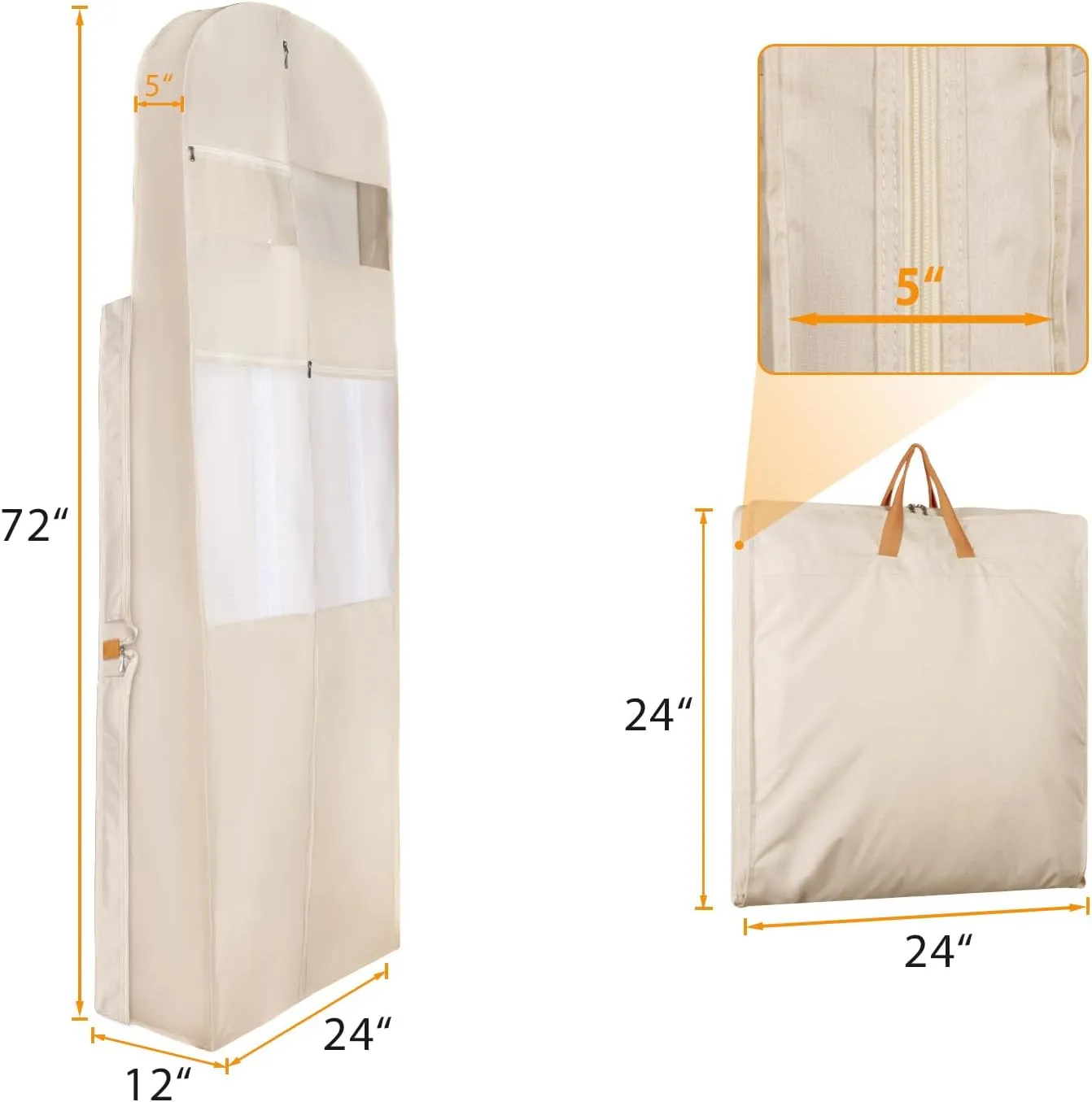 Zilink 72" Wedding Dress Garment Bag Dress Bags for Gowns Bridal Garment Bag for Long Dresses with 12Gusseted and Accessory Pockets for Wedding Dress, Puffy Gowns [Upgraded Version], Beige