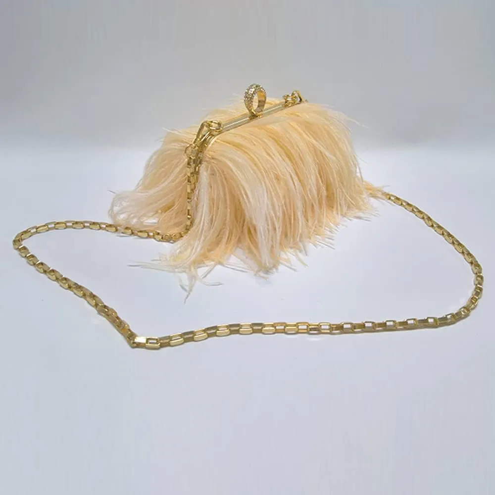 ZiMing Women Evening Bag Natural Ostrich Feather Evening Purse Handbags Ring Handle Clutch wihe Chain Strap Wedding Party