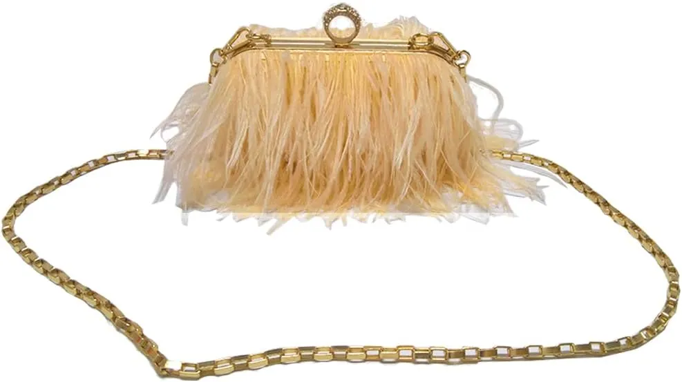ZiMing Women Evening Bag Natural Ostrich Feather Evening Purse Handbags Ring Handle Clutch wihe Chain Strap Wedding Party