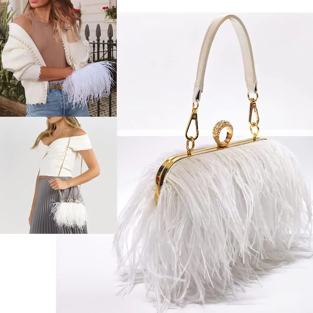 ZiMing Women Evening Bag Natural Ostrich Feather Evening Purse Handbags Ring Handle Clutch wihe Chain Strap Wedding Party